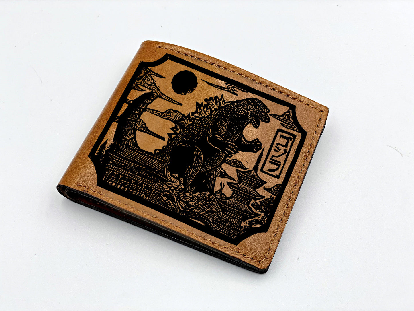 Mayan Corner - Personalized leather men's wallet, custom engraving name wallet, Godzilla leather art wallet, gift for dad