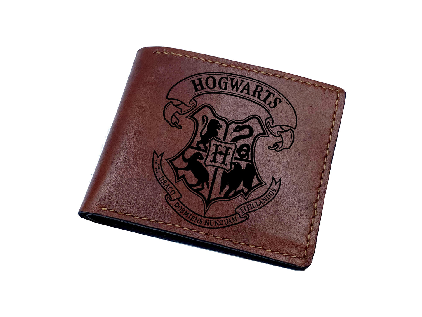 Mayan Corner - Personalized leather gift for men, Hogwarts school logo engraving leather wallet, bifold leather wallet