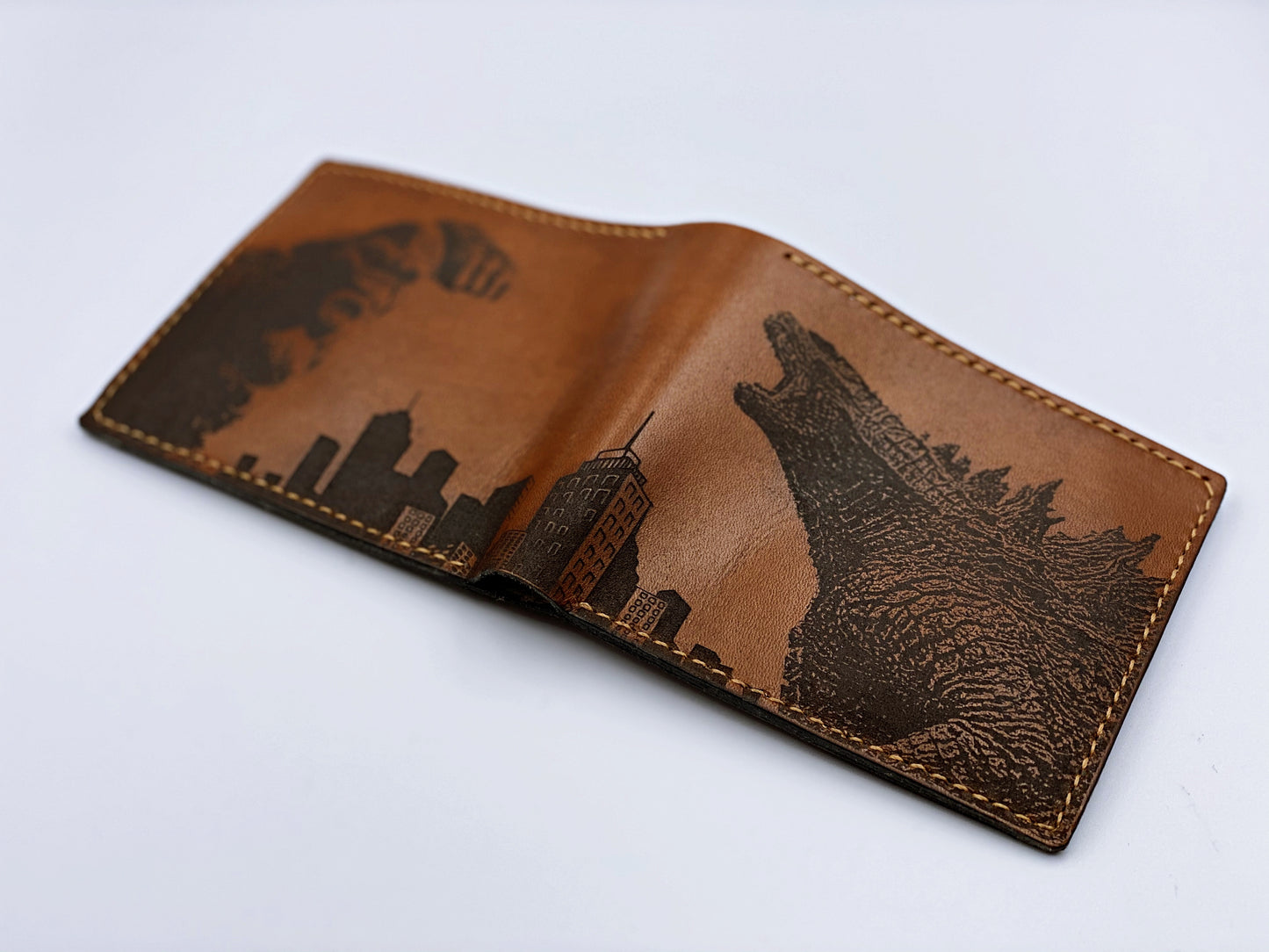 Mayan Corner - King kong vs Godzilla monster leather handmade men's wallet, custom gifts for him, father's day gifts, anniversary gift for men