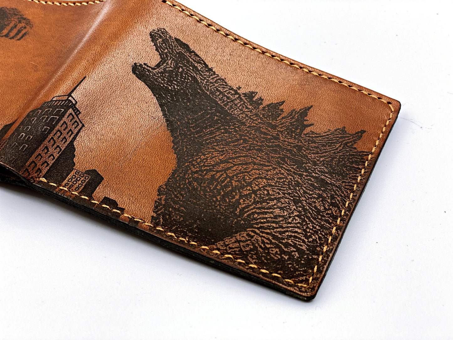 Mayan Corner - King kong vs Godzilla monster leather handmade men's wallet, custom gifts for him, father's day gifts, anniversary gift for men