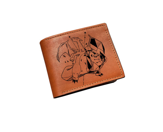 Mayan Corner - Pokemon geometric art leather handmade wallet, leather gift for dad, husband, brother - Charizard charmander