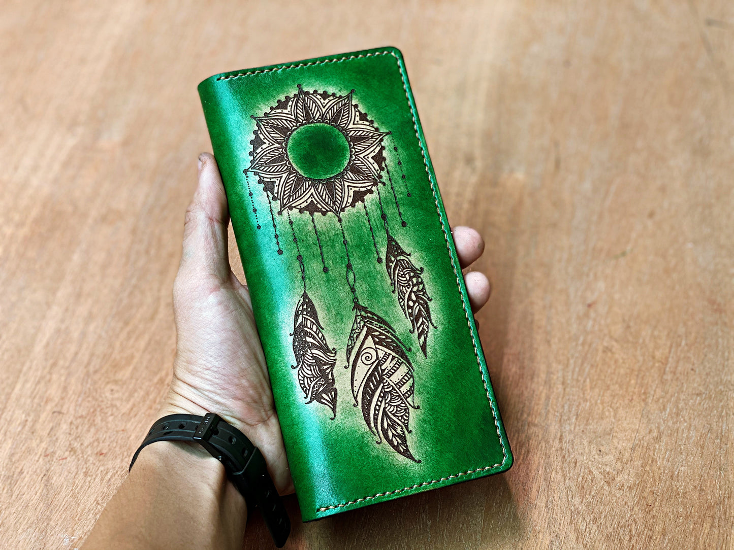 Floral Moon personalized genuine leather handmade bifold long women wallet, floral wallet for girls, moon and sun floral gifts for girlfriend, mother