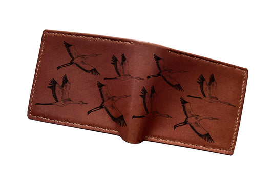 Mayan Corner - Customized leather handmade wallet, japanese pattern art wallet, flying cranes bird wallet, leather anniversary gift for husband, boyfriend