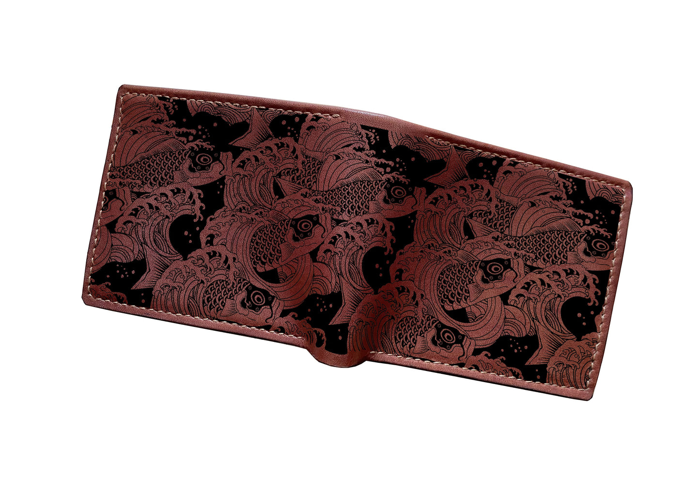 Mayan Corner - Personalized leather koi wallet, koi fish pattern wallet, japanese tradition art, leather anniversary present for birthday, christmas