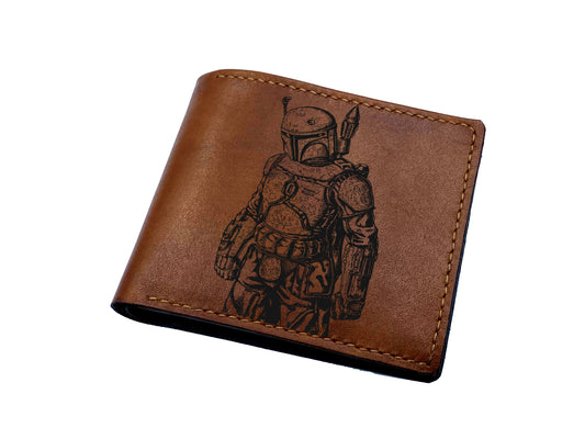 Starwars leather wallet, customized leather gift for dad, anniversary christmas gift ideas for him - Mandalorian space Bounty Hunter