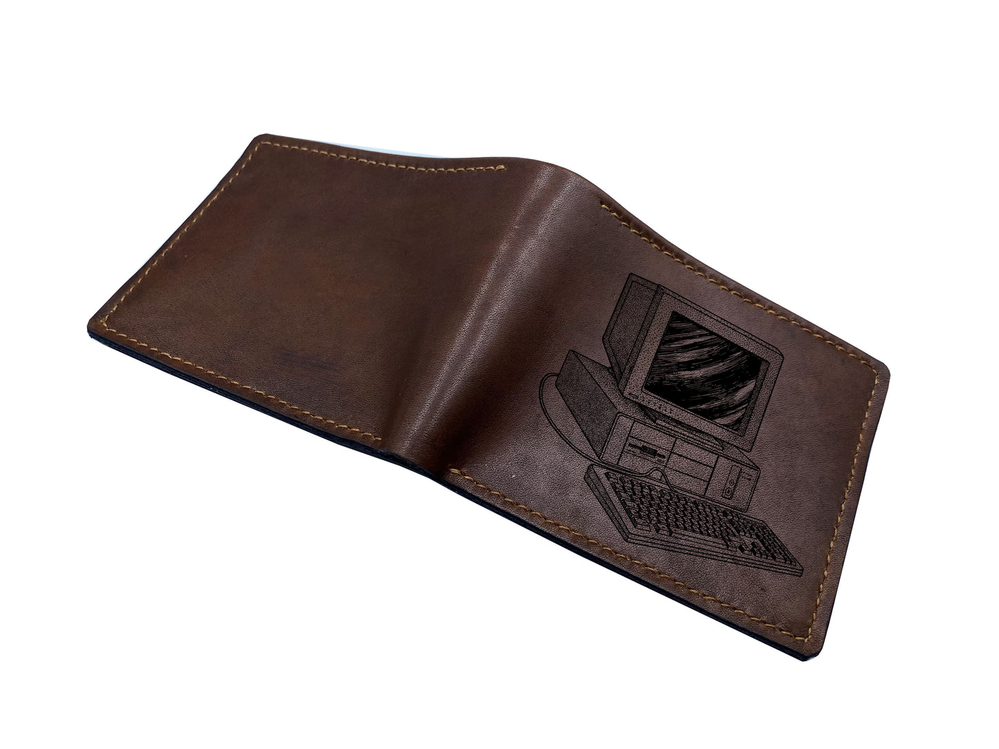 Mayan Corner - Vintage object things drawing, leather handmade wallet with shoes engraving, retro style bifold leather gift for men, wallet for him