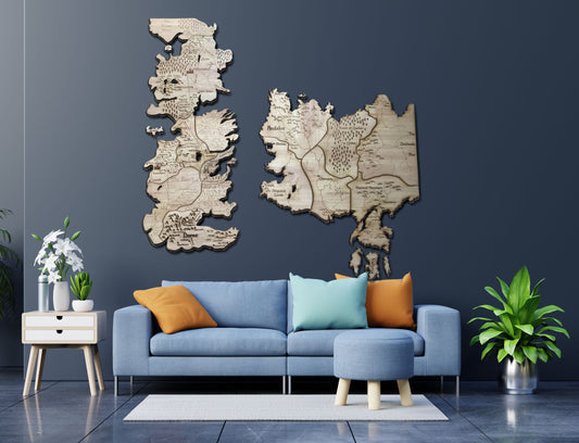 Mayan Corner - Westeros seven kingdom wooden map wall decor, Essos G.G Martin wall art, Game of Thrones details map wall decoration