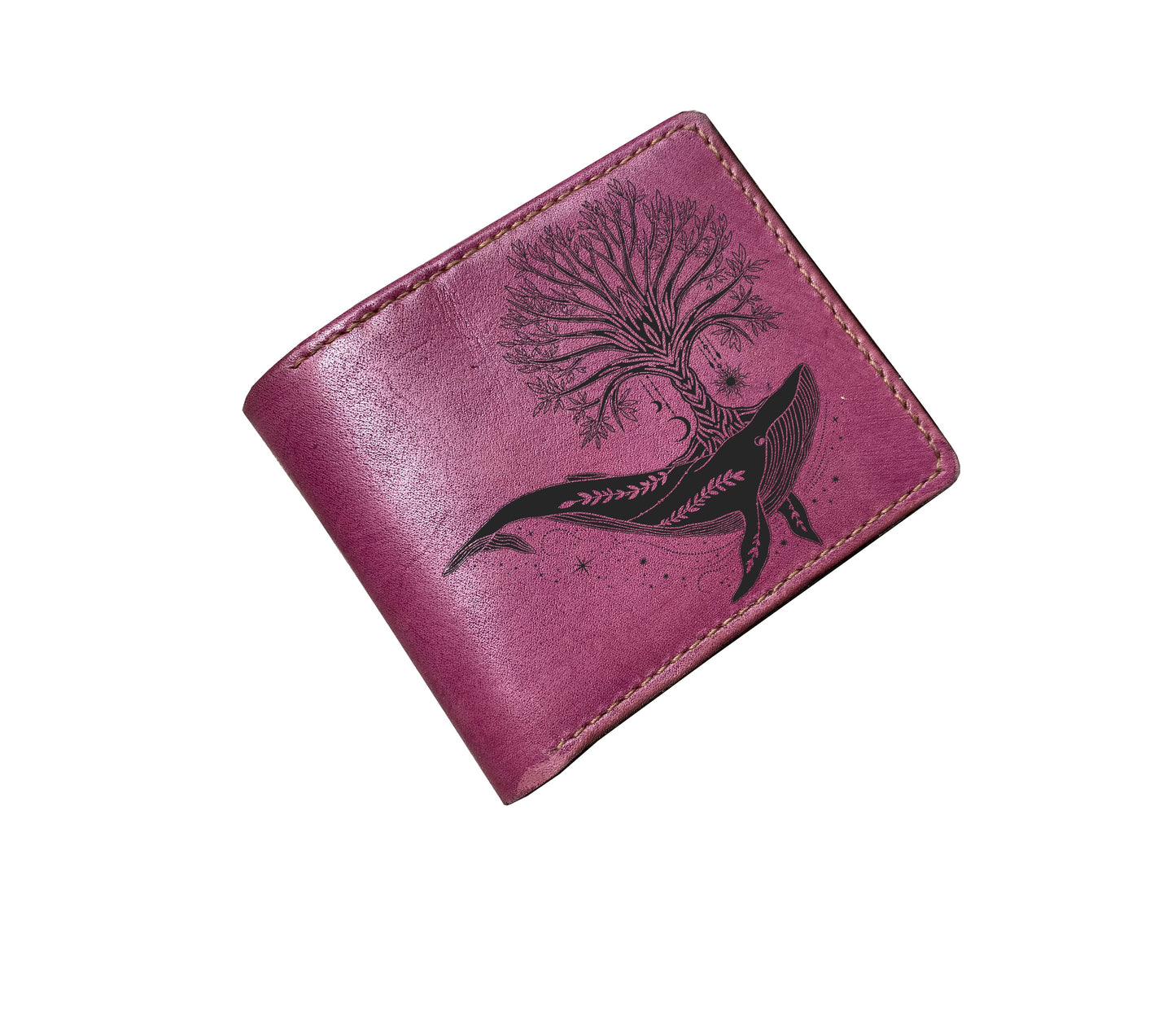 Mayan Corner - Purple leather wallet, whale drawing art wallet, ocean pattern gift, bifold long wallet, animal pattern wallet