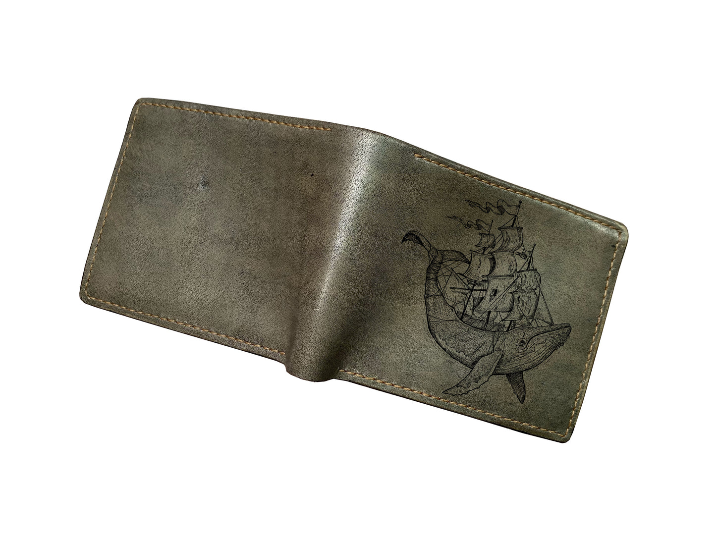 Mayan Corner - Personalized brown bifold wallet, animal sketch art wallet, whale pattern birthday gift, ocean lover present ideas