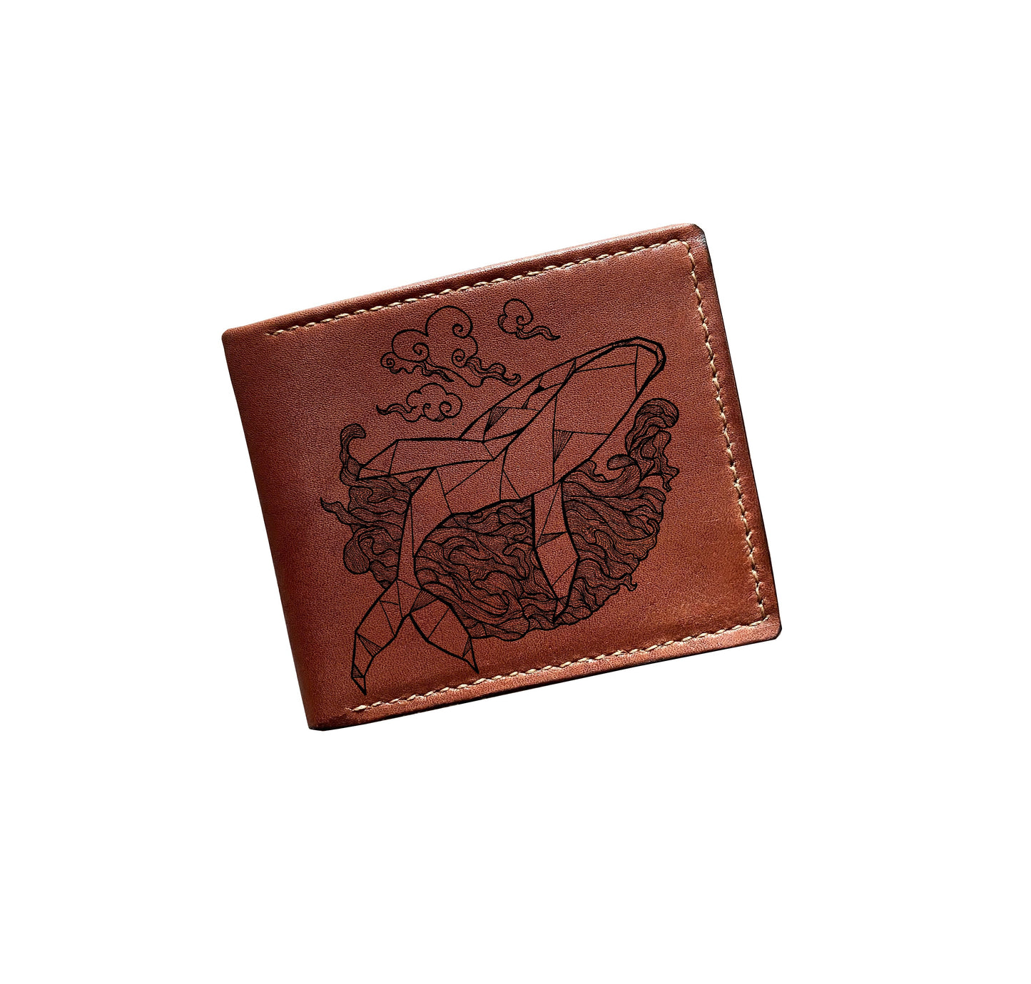 Mayan Corner - Personalized brown bifold wallet, animal sketch art wallet, whale pattern birthday gift, ocean lover present ideas