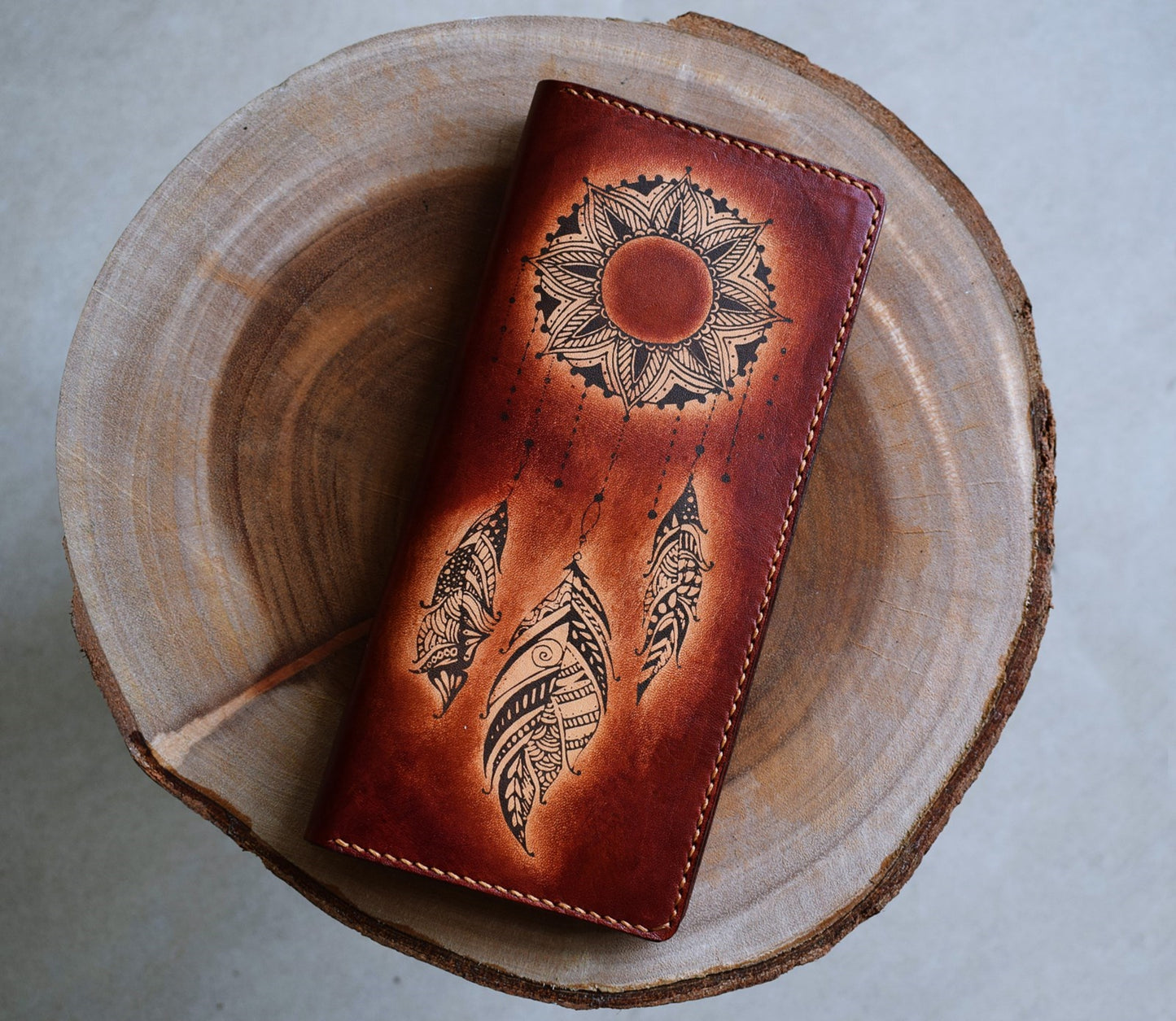 Floral Moon personalized genuine leather handmade bifold long women wallet, floral wallet for girls, moon and sun floral gifts for girlfriend, mother