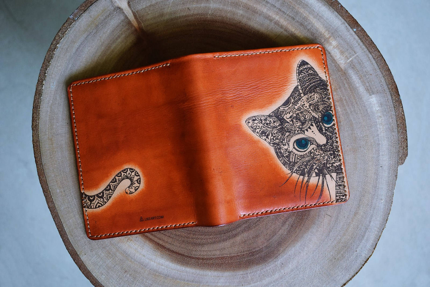 Personalized leather handmade floral cat women bifold wallet, mini wallet for her, gift for girlfriend, mother day gifts, animal wallet