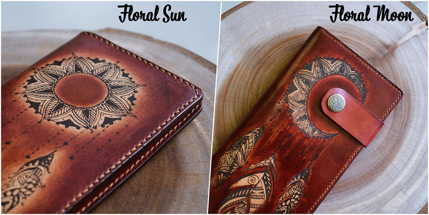Floral Moon personalized genuine leather handmade bifold long women wallet, floral wallet for girls, moon and sun floral gifts for girlfriend, mother