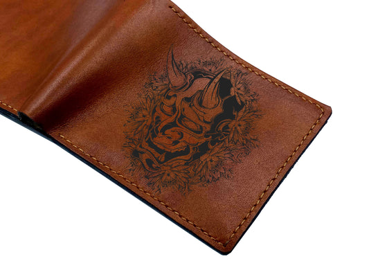 Personalized Japan ancient pattern leather men's wallet, Oni hannya demon evil mask art, horror wallet for men, halloween gift idea for him
