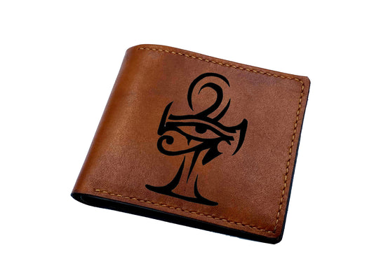 Leather handmade personalized men's wallet, the Ankh symbols wallet, egypt ancient Amulets engraved gift, present for men, the key of life