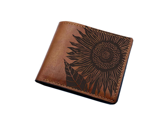 Sunflower leather men's wallet, customized men's wallet, minimalist pattern art wallet, leather gift ideas for husband, father, gift for dad
