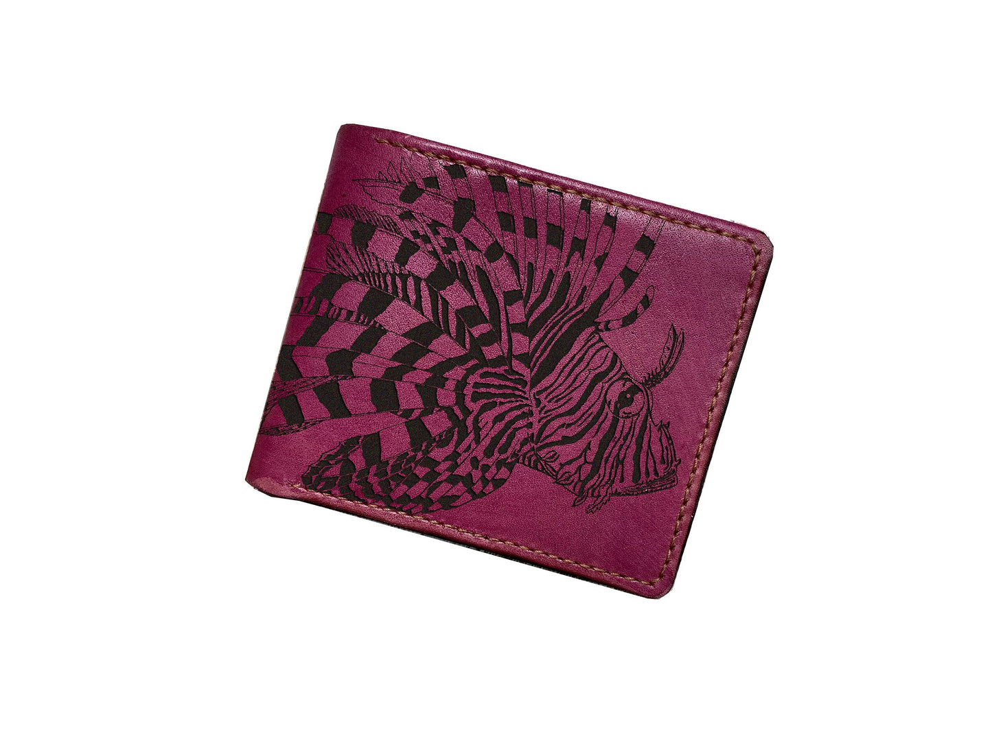 Customized leather men's wallet, bifold ID card wallet, Lionfish art wallet, animal pattern present for men, ocean fish men gift