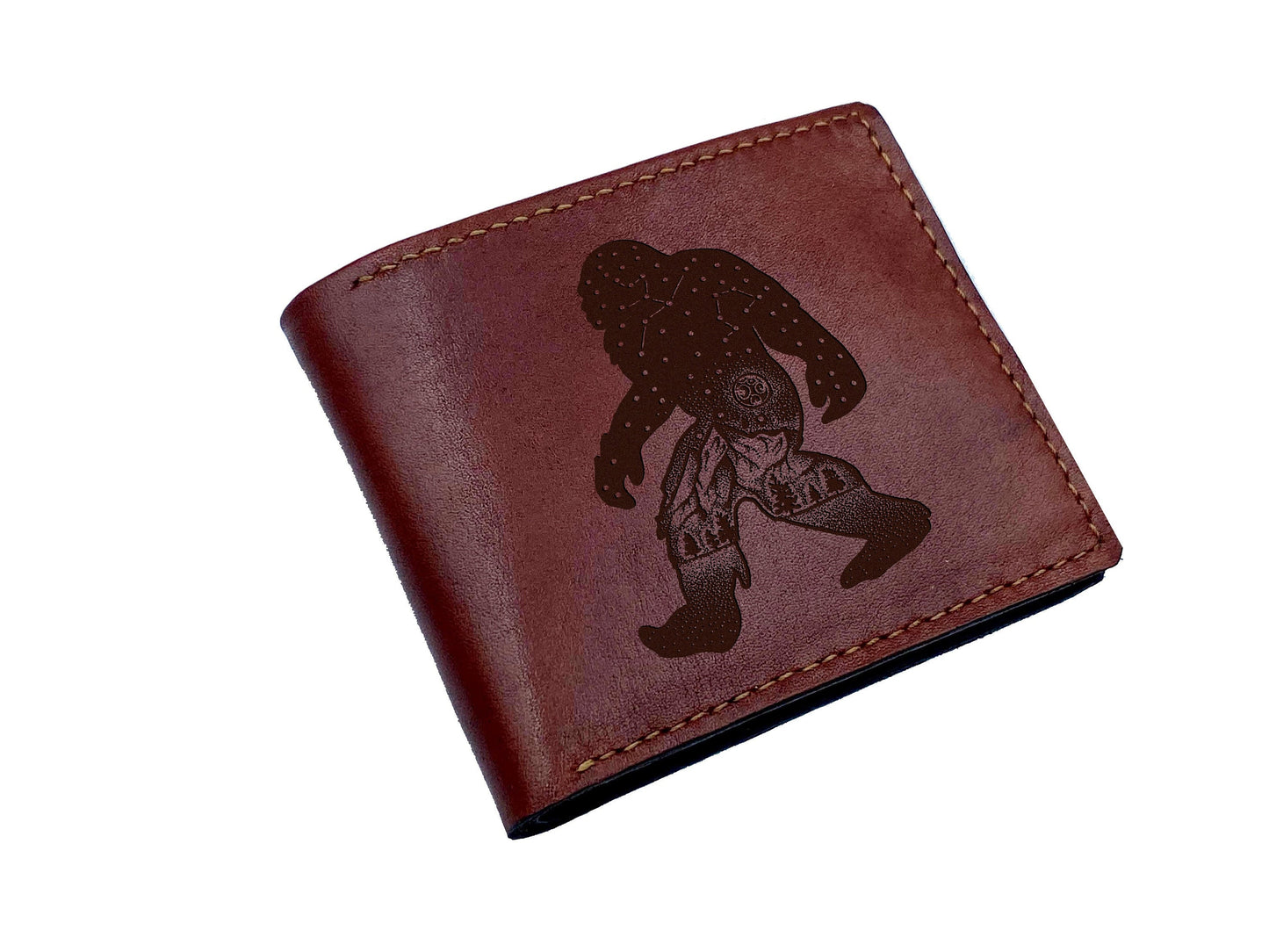 Bigfoot leather men's wallet, Sasquatch art leather gift for him, forest mythical creature wallet, custom cute monster gift for him