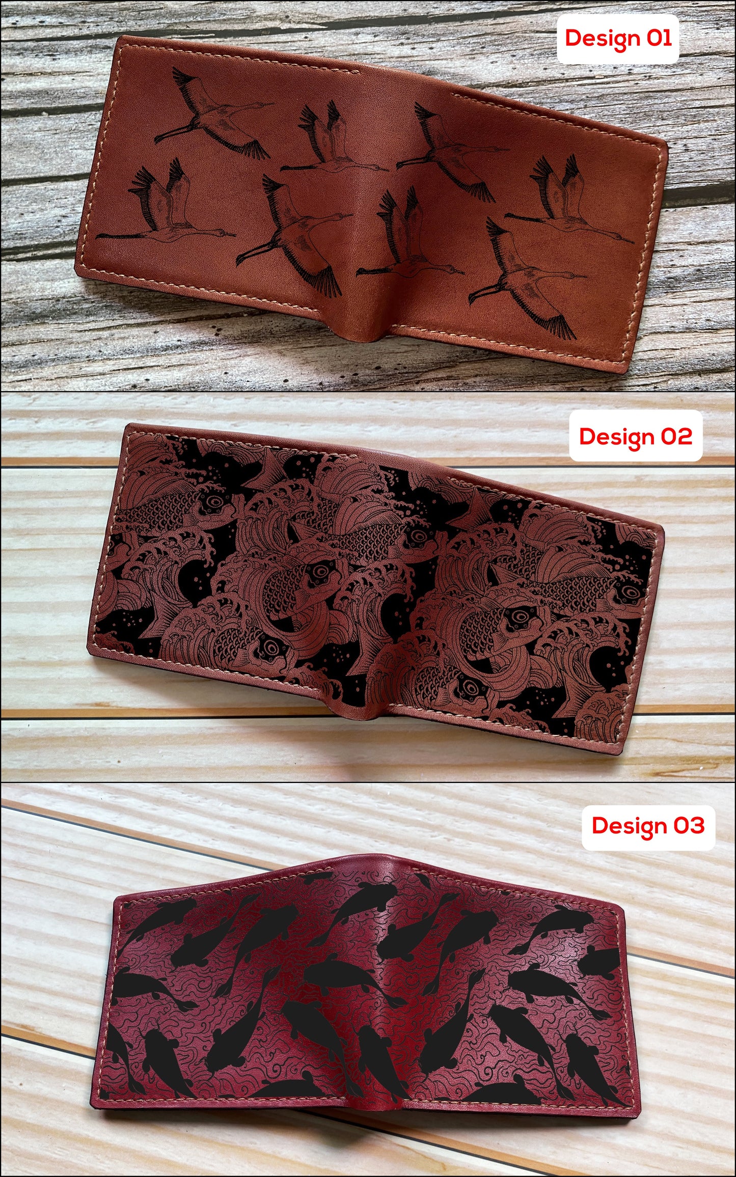 Mayan Corner - Customized leather handmade wallet, japanese pattern art wallet, flying cranes bird wallet, leather anniversary gift for husband, boyfriend