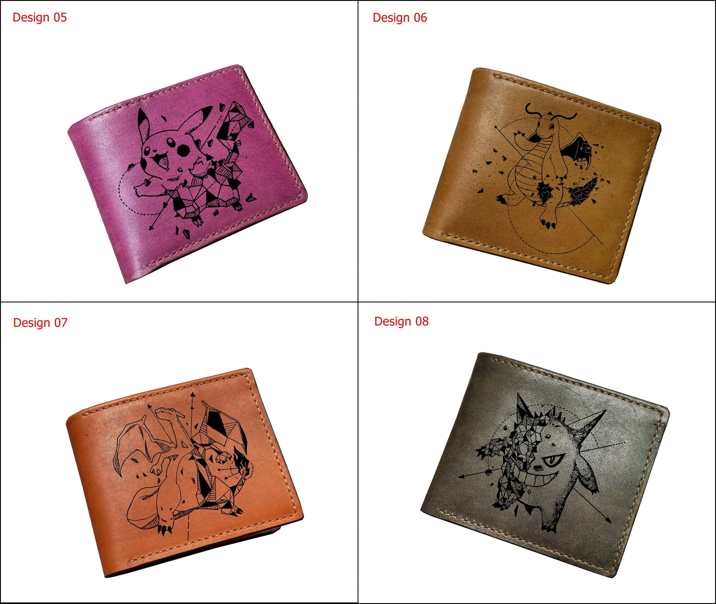 Mayan Corner - Pokemon geometric art leather handmade wallet, leather gift for dad, husband, brother - Gengar ghost pokemon
